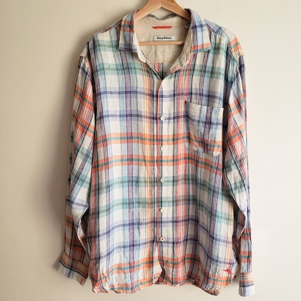 Tommy Bahama 100% Linen Plaid Shirt XL Relaxed Fit Multicolor Button Up